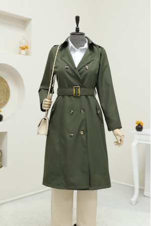 Düğmeli Kemerli Ara Boy Trençkot -Haki