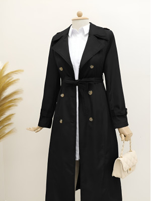 Lined Belt Trench Coat -Black