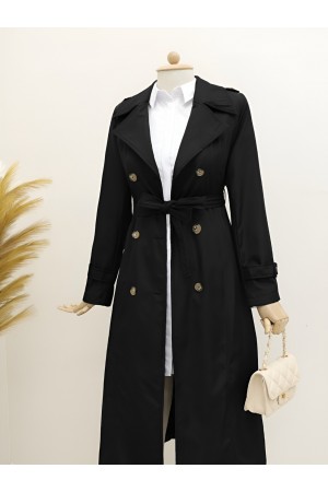 Astarlı Kemerli Trenckot -Siyah