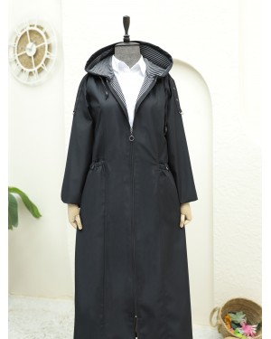 Long Trench Coat with Snap Pocket and Full Zipper -Black
