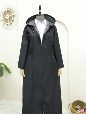 Cebi Çıtçıtlı Boydan Fermuarlı Uzun Trençkot -Siyah