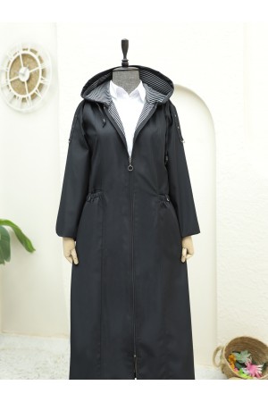 Cebi Çıtçıtlı Boydan Fermuarlı Uzun Trençkot -Siyah