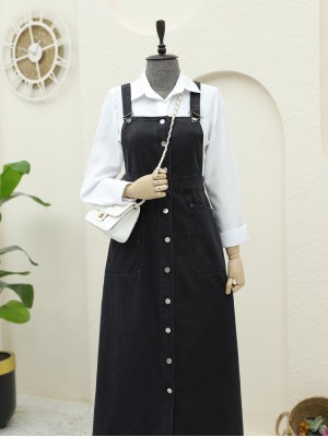 Boydan Düğmeli Çift Cepli Kot Salopet -Siyah