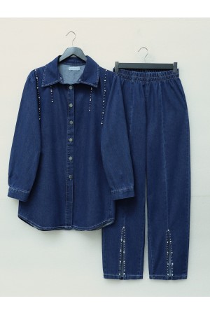 Double Denim Suit with Slits and Stone Detail -Navy blue