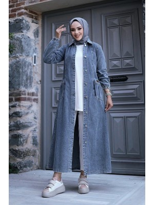 Torba Cepli Metal Düğmeli Uzun Kot Kap -Buz Mavi