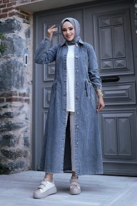 Metal Button Long Denim Coat with Pocket Pouch -Ice Blue