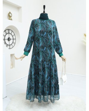 Etnik Desen Eteği Parçalı Astarlı Şifon Elbise   -Yeşil