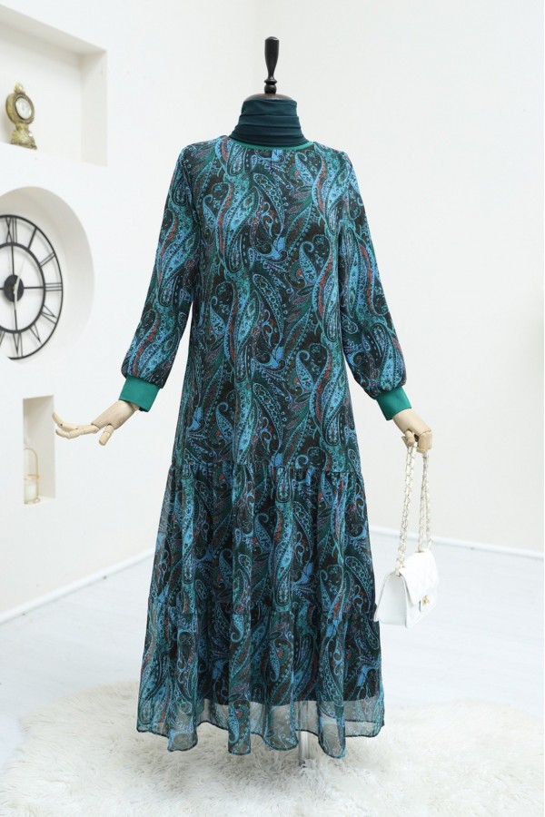 Ethnic Pattern Skirt Piece Lined Chiffon Dress   -Green