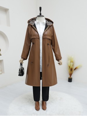 Belden Büzgülü Cepli Fermuarlı Suni Deri Kap -Taba