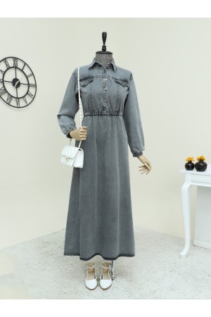 Yarım Düğmeli Beli Lastikli Kot Elbise -Füme