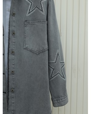 Yıldız Taş Baskılı Çift Cepli Kot Ceket -Füme