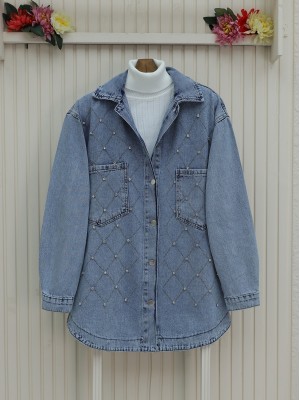 Taş Detaylı Çift Cepli Metal Düğmeli Kot Ceket -Buz Mavi