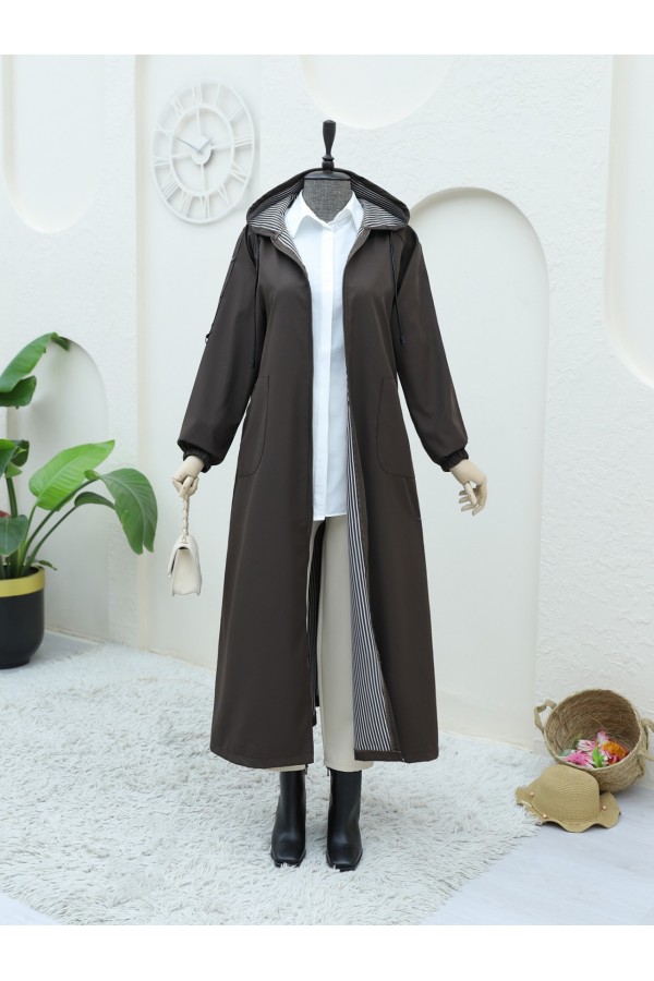 Metal Detailed Zippered Hooded Trench Coat  -Brown