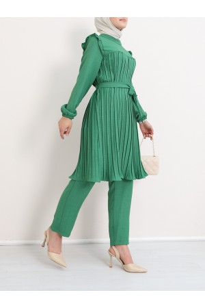 Yoke Pleated Waist Tied Double Suit -Green