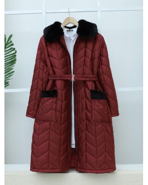 Fur Collar Belted Quilted Coat with Pockets -Maroon