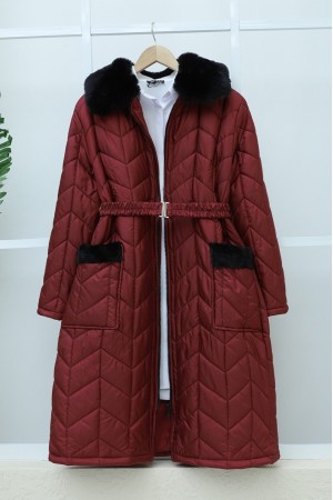 Fur Collar Belted Quilted Coat with Pockets -Maroon