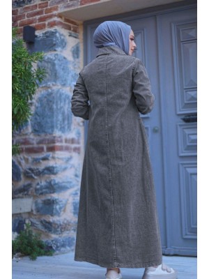 Torba Cepli Metal Düğmeli Uzun Kot Kap   -Füme