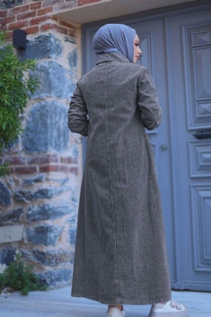 Torba Cepli Metal Düğmeli Uzun Kot Kap   -Füme