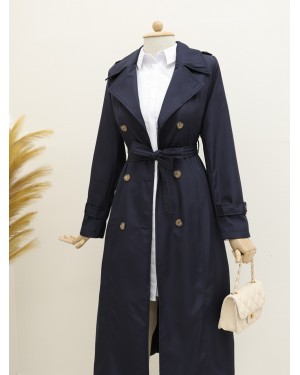 Lined Belt Trench Coat -Navy blue