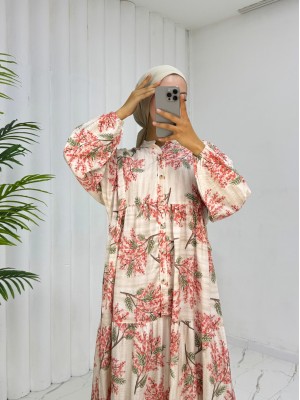 Kolu Lastikli Yarım Düğmeli Desenli Modal Elbise -Nar Çiçeği