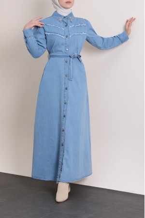 Vintage Denim Dress with Stones on the Collar and Chest -Light blue