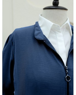 Ayrobin Abaya with Elasticated Sleeves and Zipper from the Neck -İndigo