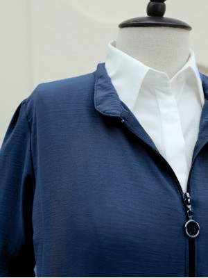 Ayrobin Abaya with Elasticated Sleeves and Zipper from the Neck -İndigo