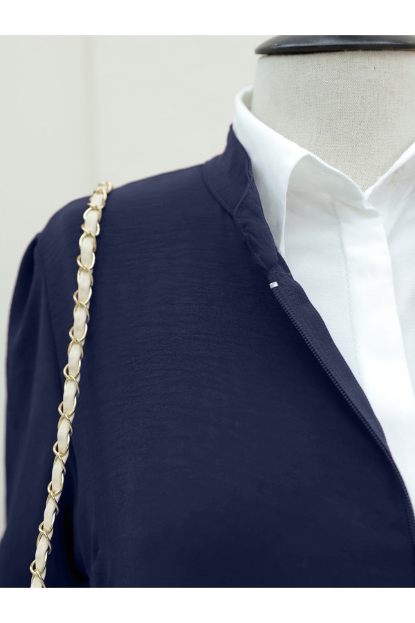 Ayrobin Abaya with Elasticated Sleeves and Zipper from the Neck -Navy blue
