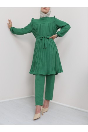 Yoke Pleated Waist Tied Double Suit -Green