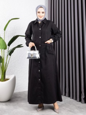 Torba Cepli Metal Düğmeli Uzun Kot Kap  -Siyah