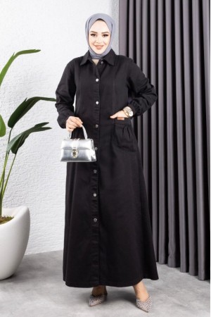 Torba Cepli Metal Düğmeli Uzun Kot Kap  -Siyah