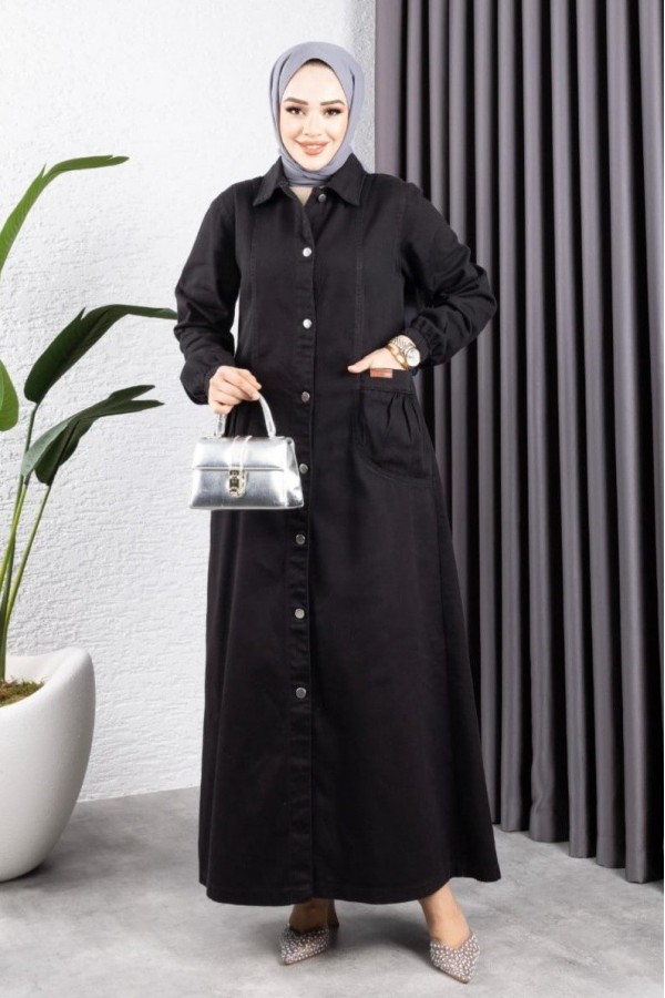 Metal Button Long Denim Coat with Pocket Pouch  -Black