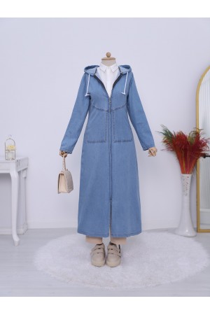 Kapşonlu Yan Cepli Kot Kap -Açık Mavi