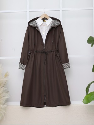 Beli Lastikli Kolu Katlamalı Kapşonlu Trenckot  -K. Kahve