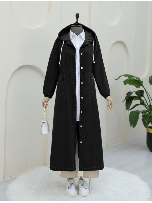 Boydan Düğmeli Kapşonlu Katlama Cepli Kot Kap  -Siyah