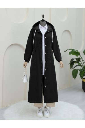 Boydan Düğmeli Kapşonlu Katlama Cepli Kot Kap  -Siyah