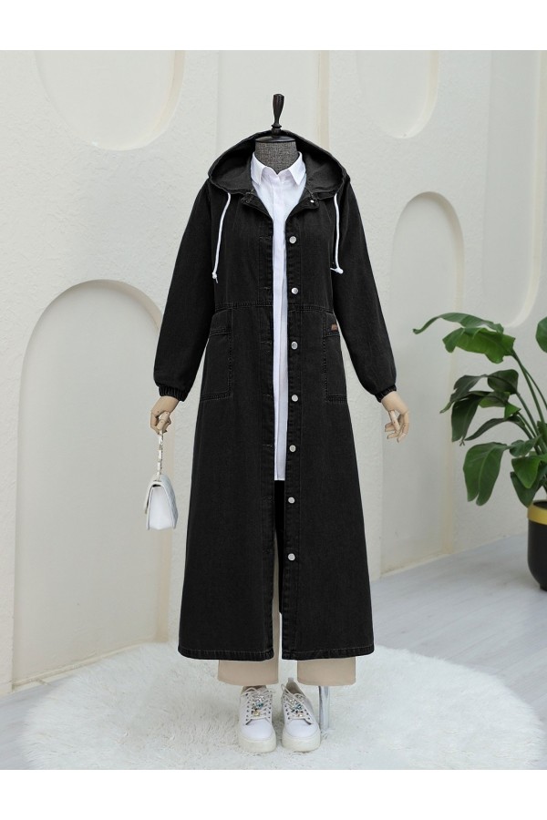 Button Down Hooded Folded Pocket Denim Coat  -Black