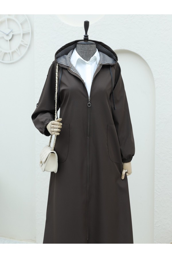 Metal Detailed Zippered Hooded Trench Coat  -Brown