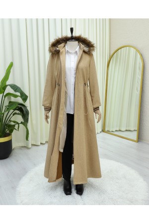 Kapşonlu Beli Lastikli Cepli Kaşe Kaban -Vizon