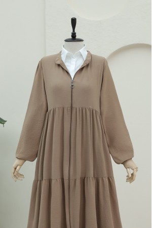 Boydan Fermuarlı Kolu Lastikli Parçalı Ayrobin Ferace -Vizon