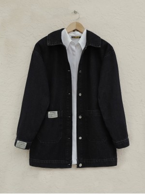 Torba Cepli Düğmeli Kot Ceket -Siyah