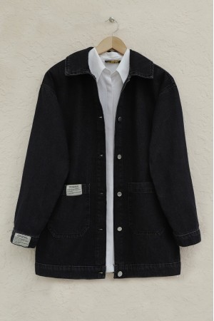 Buttoned Denim Jacket with Bag Pockets -Black