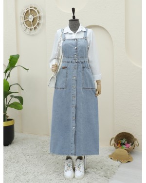 Buttoned Double Pocket Denim Overalls -Ice Blue