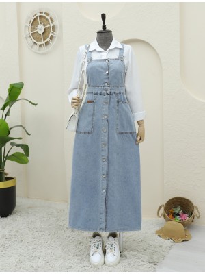 Buttoned Double Pocket Denim Overalls -Ice Blue