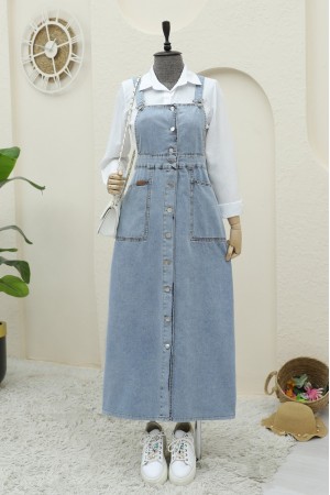 Boydan Düğmeli Çift Cepli Kot Salopet -Buz Mavi