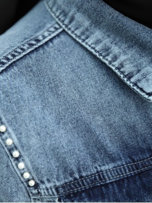 Taş İşlemeli Belden Bağlamalı Cepli Kot Elbise -Mavi