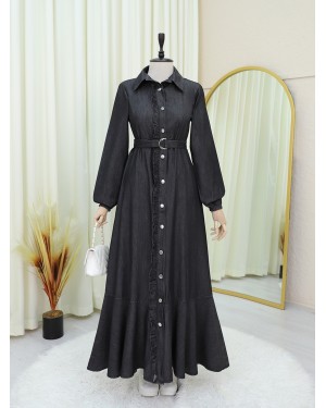 Buttoned Ruffle Belted Denim Dress -Anthracite