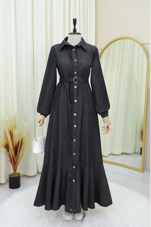 Buttoned Ruffle Belted Denim Dress -Anthracite