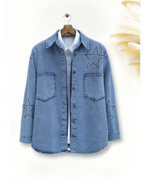 Yıldız Taş Baskılı Çift Cepli Kot Ceket -Buz Mavi
