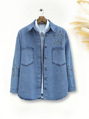 Yıldız Taş Baskılı Çift Cepli Kot Ceket -Buz Mavi